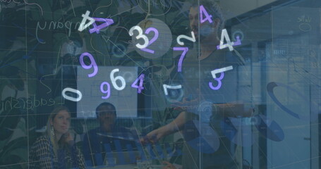 Fototapeta premium Image of floating numbers over diverse businesspeople during presentation
