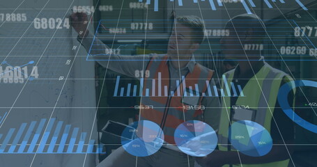 Image of data processing over diverse male workers talking