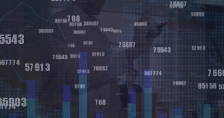 Image of graphs and numbers over caucasian man in office
