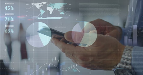 Statistical data processing against mid section of a businessman using smartphone