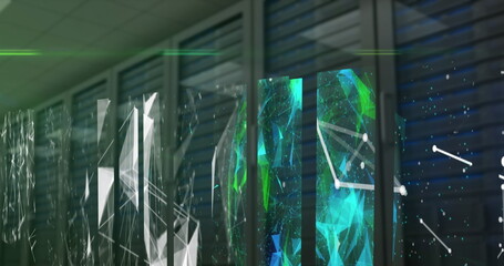 Image of screens of network of connections and plexus networks against computer server room