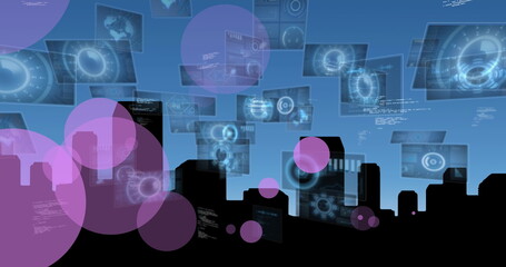 Image of graphs and diverse data processing on navy digital screen with cityscape