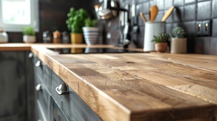 Nordic kitchen's modern wooden countertop, close-up in a bright loft apartment, embodying warmth and minimalism