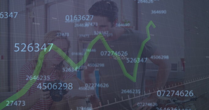 Image of data processing over caucasian couple talking