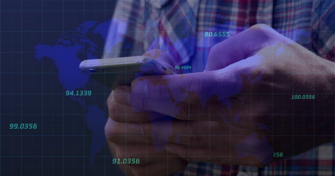 Multiple numbers floating over world map against mid section of a man using smartphone