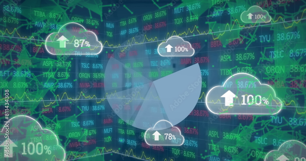 Poster image of clouds with uploading globe and icons rotating over globe rotating with numbers processing