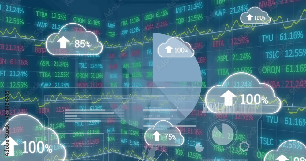 Poster image of clouds with growing number and data processing globe