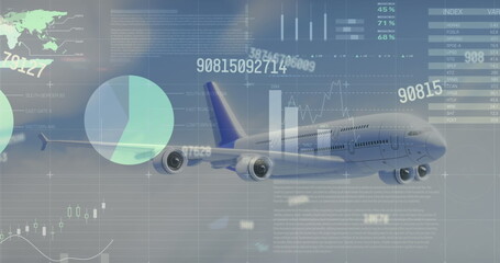 Image of charts, world map and data processing aeroplane flying in blue cloudy sky