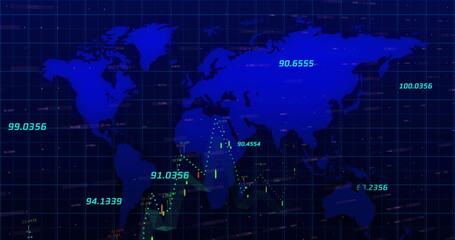 Image of numbers and world map in navy space