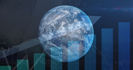 Image of data processing and globe over blue background