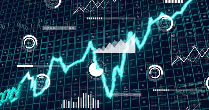 Image of blue stagflation text, graph and grid with data processing on black background - Powered by Adobe