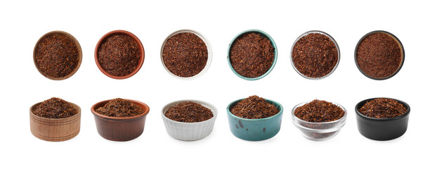 Rooibos tea in bowls isolated on white, top and side views