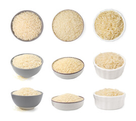 Set with uncooked rice in bowls isolated on white, top and side views