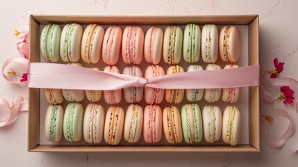 Neatly arranged pastel macarons in a recycled gift box, shot from above with bright lighting to capture their delicious, cute appearance