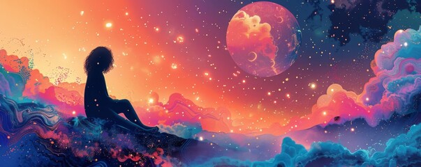 stylized graphic of a guided visualization session, where the therapist and participants are surrounded by cosmic imagery representing their journey to inner peace