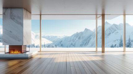 room with a snowy mountain view