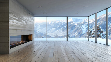 empty room with windows and fireplace with snowy mountain view