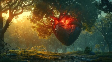 surreal digital artwork of a giant, beating heart in the center of a forest, connected by veins to the trees, symbolizing bioengineering merging with nature