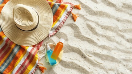 A wooden patterned hat lies next to a furry peachcolored towel on the beach, with a musical instrument tucked under the brim and a mask of a fictional character nearby AIG50