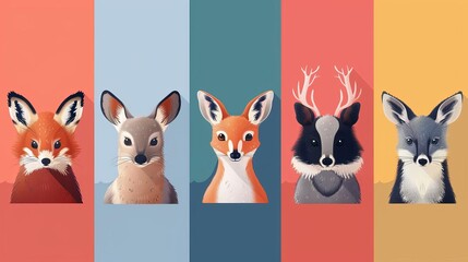 Wildlife illustrations flat design front view animal portrayals theme animation Tetradic color scheme