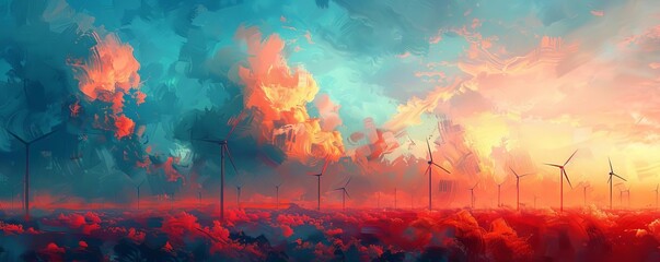 abstract concept of wind turbines floating on clouds, styled as a surreal, dreamy watercolor painting