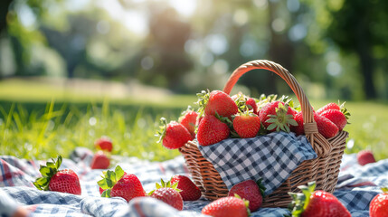 Basket of Strawberries on a Picnic Blanket, Outdoor Setting with a Sunny Meadow Background. Idyllic Summer Scene, Perfect for Leisure and Relaxation in Nature