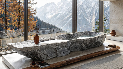 Zen stone bathtub in the contemporary villa with a mountain view.