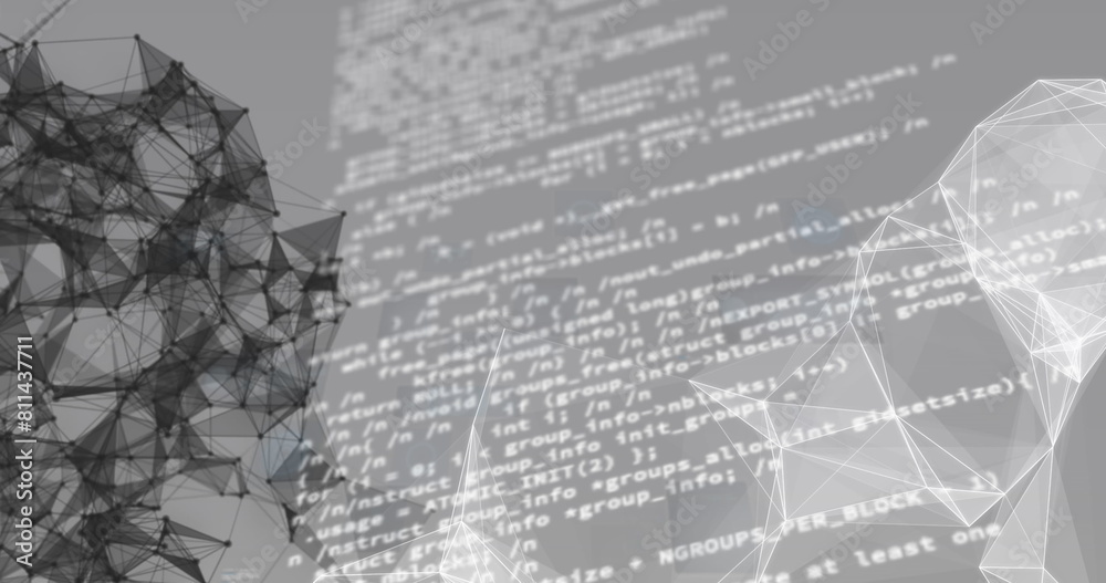 Poster image of hud interfaces, dots forming geometric shapes over programming language in background