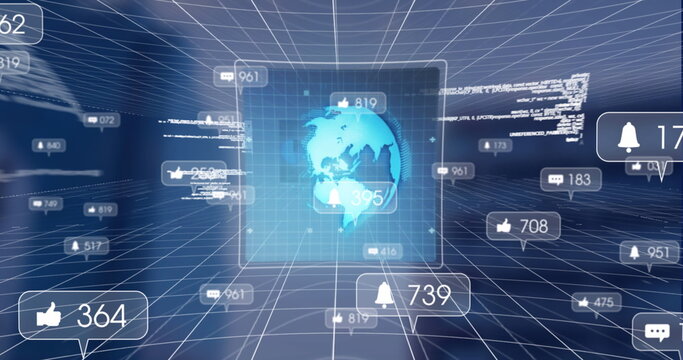 Glowing globe in center, surrounded by digital numbers and icons