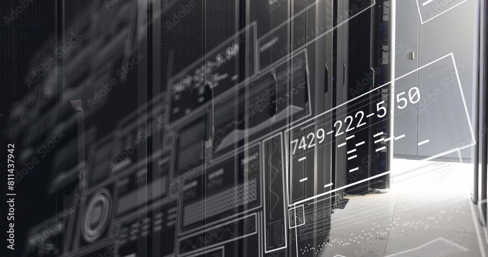 Poster image of interface with data processing against computer server room