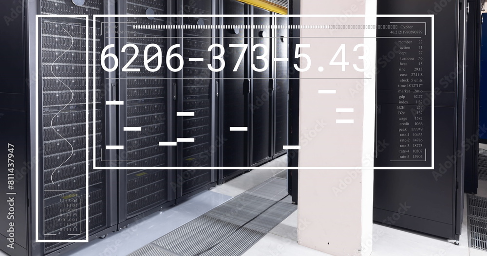 Poster image of interface with data processing against computer server room