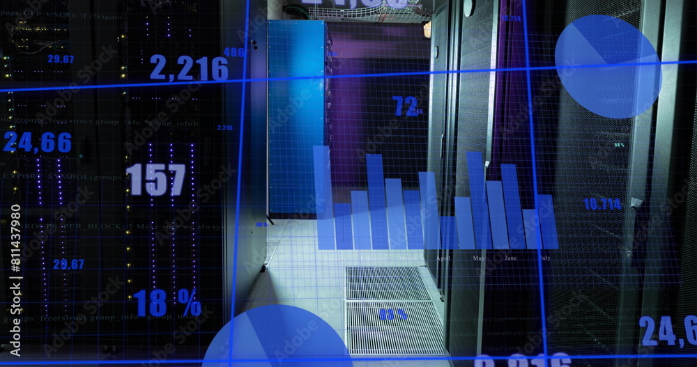 Poster blue charts and graphs processing data over glowing servers in dark computer server room