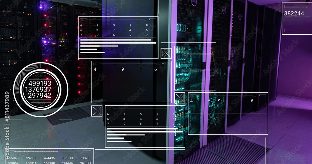 Poster image of interface with data processing against computer server room