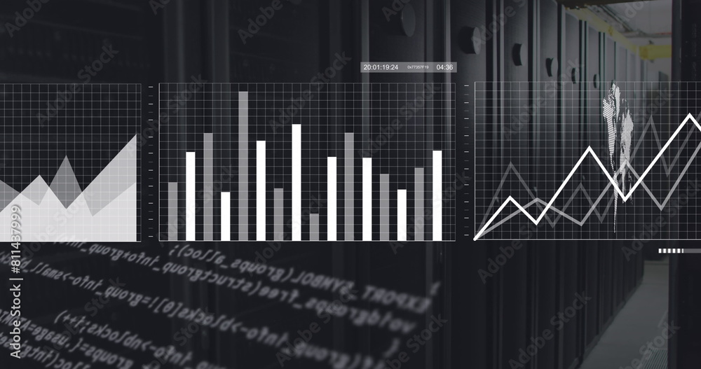 Poster white charts, graphs and processing data over dark computer server room