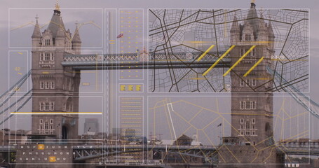 Image of interface with data processing against aerial view of london bridge