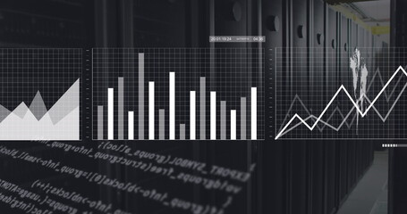 White charts, graphs and processing data over dark computer server room