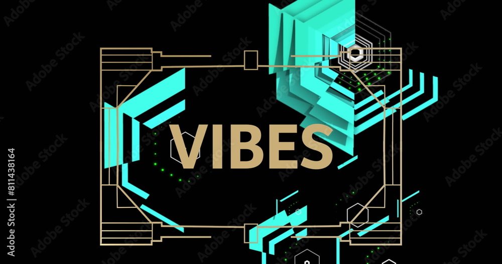 Poster image of vibes text in abstract pattern over hexagons against black background