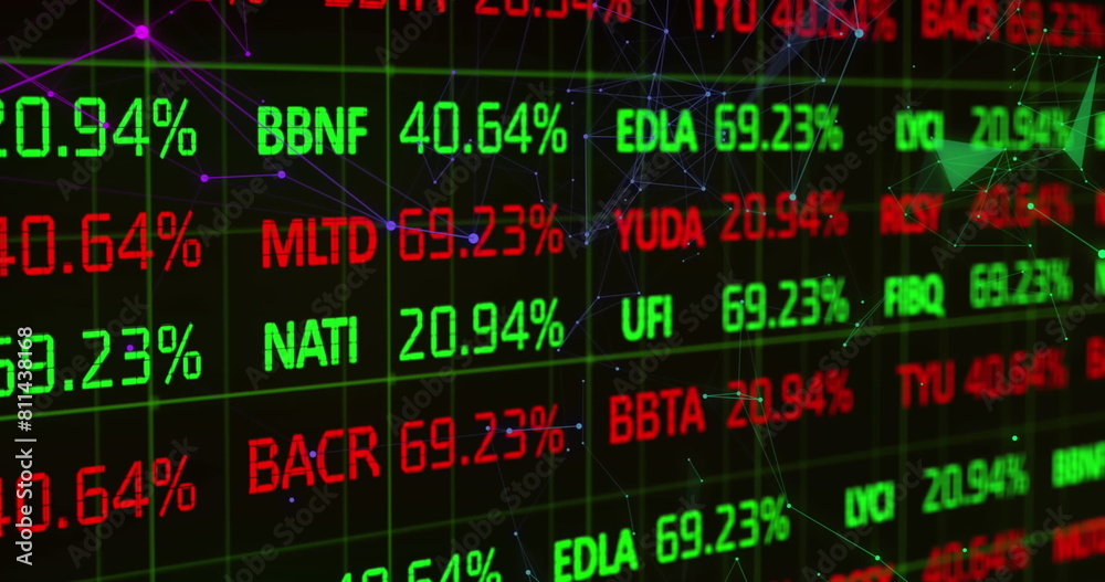 Poster image of stock market data processing and plexus networks against black background