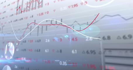 Fototapeta premium Image of stock market data processing against spots of light on grey background