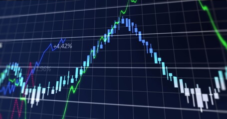 Image of financial data processing over grid network against blue background