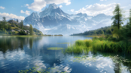 Beautiful lake with mountains in the background, relaxing place, ideal for yoga