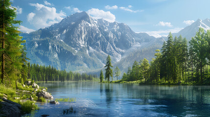 Beautiful lake with mountains in the background, relaxing place, ideal for yoga