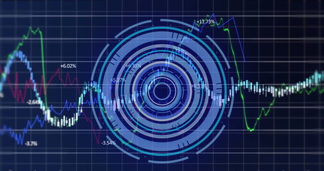 Image of financial data processing over round scanner against blue background