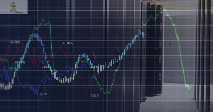 Image of financial data processing against computer server room - Powered by Adobe