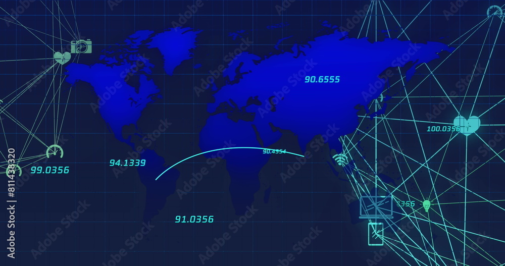 Canvas Prints Image of financial data processing and network of connections over world map on black background