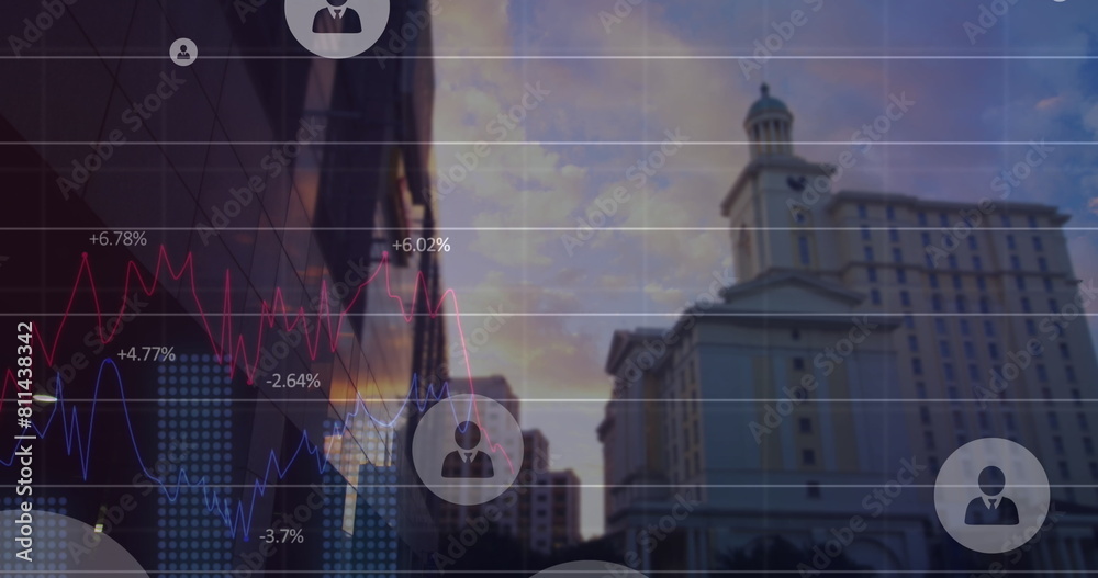 Poster image of profile icons and statistical data processing against view of tall building