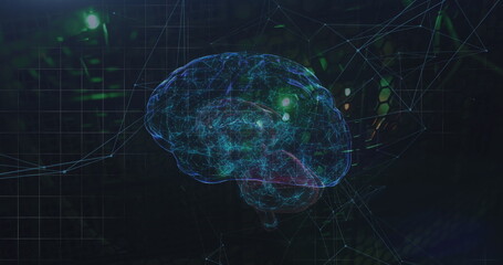 Image of network of connections and human brain icon spinning against computer server