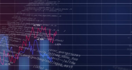 Image of statistical data processing over grid network against purple gradient background