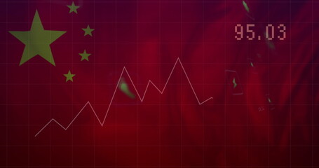 Image of data processing and multiple digital icons against waving china flag