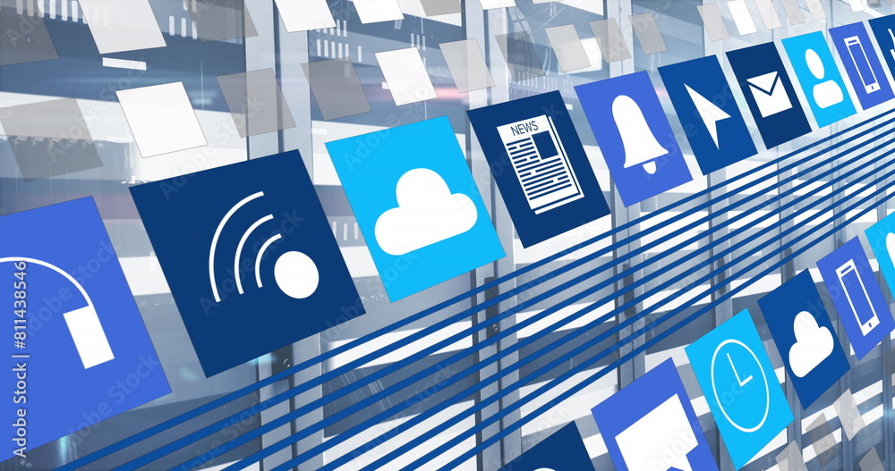 Poster image of icon in squares over moving bars on data server racks in server room